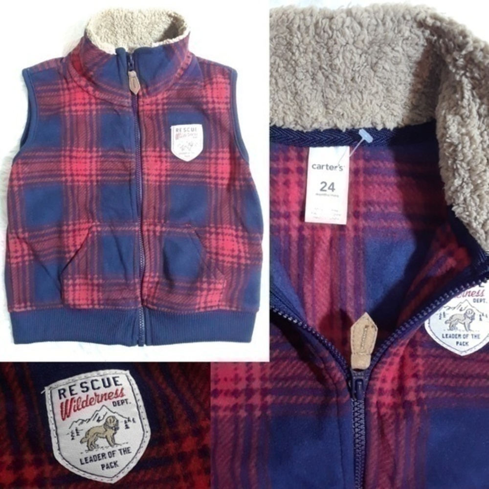 ☄Carter's Plaid Teddy Collar Vest-Size 24 Months